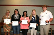 Poetry winnters include, from left, Natalie Brady of Puckett, Puckett Attendance Center, first place; Krista Mathis of Puckett, Puckett Attendance Center, second place; Taren Ashley of Puckett, Puckett Attendance Center, third place; Kali Russell of Pelahatchie, East Rankin Academy, honorable mention; James Flickner of Pelahatchie, East Rankin Academy, honorable mention.