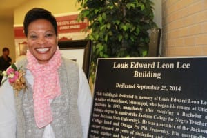 Dr. Clara Lee stands beside the plaque that will go in the building named for her father, Louis Edward Leon Lee, at Hinds Community College's Utica Campus.