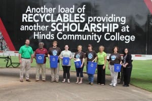 As part of the first-ever Earth Day Celebration on the Rankin Campus, students and faculty highlighted the benefits of recycling and the fact that monies earned from recycling fund student scholarships. Participants included, from left, Jason Pope, director of Sustainability; Leon Jackson, recyclenator; student Zack Gray of Pelahatchie; student Amber Capps-Podemski of Jackson; Joy Rhoads, geography and history instructor and Phi Theta Kappa adviser; student James Weathersby of Mendenhall; Mindy Stevens, Sustainability Projects coordinator; Judy Isonhood, Phi Theta Kappa Faculty adviser and Elizabeth Price, administrative assistant.