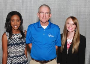 Among those recognized were Myia Harris of Clinton, left, who received the Jessie McClendon Thrash Scholarship and Chelsea Hooper of Terry, who received the George M. McLendon Scholarship. With them is George Thrash of Raymond.