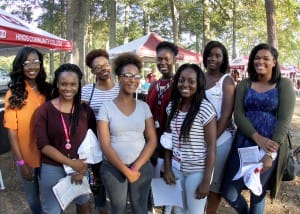 Groups of friends from area high schools often attend the Thursday Night Lights recruiting event each year on the Raymond Campus. Front row, from left, are Raymond High School seniors Jalisa Mosley, Ragean Russell, Kambrial Love; back row, from left, Jala Hunter, Tyihnna Johnson, Shamaria Singleton, Reneisha Sweet, Jasmine Moncure. (Hinds Community College/Tammi Bowles)