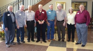 Representing the classes of the 1950s were, from left, Mark Chaney of Vicksburg, 1950; Ray Boyd of Bolton, 1953; John Emory of Jackson, 1954; Douglas Moore of Jackson, 1954; Ross Alman of Lampe, Mo., 1958; Homer Boyd of Learned, 1956; Peggy Fugate Blalock of Brandon, 1958 and Pruitt Blalock of Brandon, 1958.