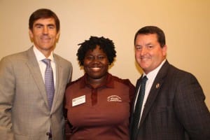 Sen. Briggs Hopson of Vicksburg, left, and Rep. Alex Monsour of Vicksburg, right, with Hinds Community College student Destinie James, also of Vicksburg. James is a member of the college’s Hinds Connection student recruiting group.