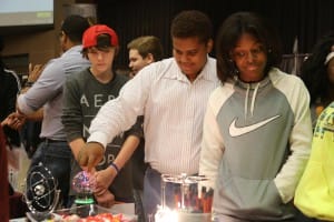 Richland eighth-graders Lake Cooper, left, and Isaiah Hall and McLaurin eighth-grader Damara Mason were impressed by the electronics demonstrations at Hinds Community College Career Exploration Day on Nov. 8.