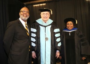 Hinds Community College held three graduation ceremonies on Dec. 16 at the Muse Center on the Rankin Campus. From left are graduation speaker Dexter Holloway, assistant executive director for Workforce and Economic Development with the Mississippi Community College Board; Hinds President Dr. Clyde Muse and Dr. Joyce Jenkins, retired Hinds Community College dean for Raymond Campus Career-Technical Education, who was the grand marshal and mace bearer for the nursing and allied health graduation ceremony.
