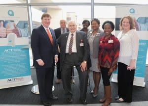 From left, Lt. Gov. Tate Reeves, Vicksburg-Warren Campus Dean Marvin Moak, Dr. Clyde Muse, District Director of Adult Basic Education Carla Causey, Associate Vice President of Career and Technical Education Sherry Franklin, District Director of WIN Education Center Angela Hayes, District Director of Integrated Pathways and coordinator of Adult Basic Education Dr. Robin Parker. (Hinds Community College/April Garon)
